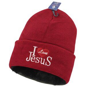 I Love Jesus Winter Hat Embroidered Skull Beanie Cap – Warm Lined, Red, NWT